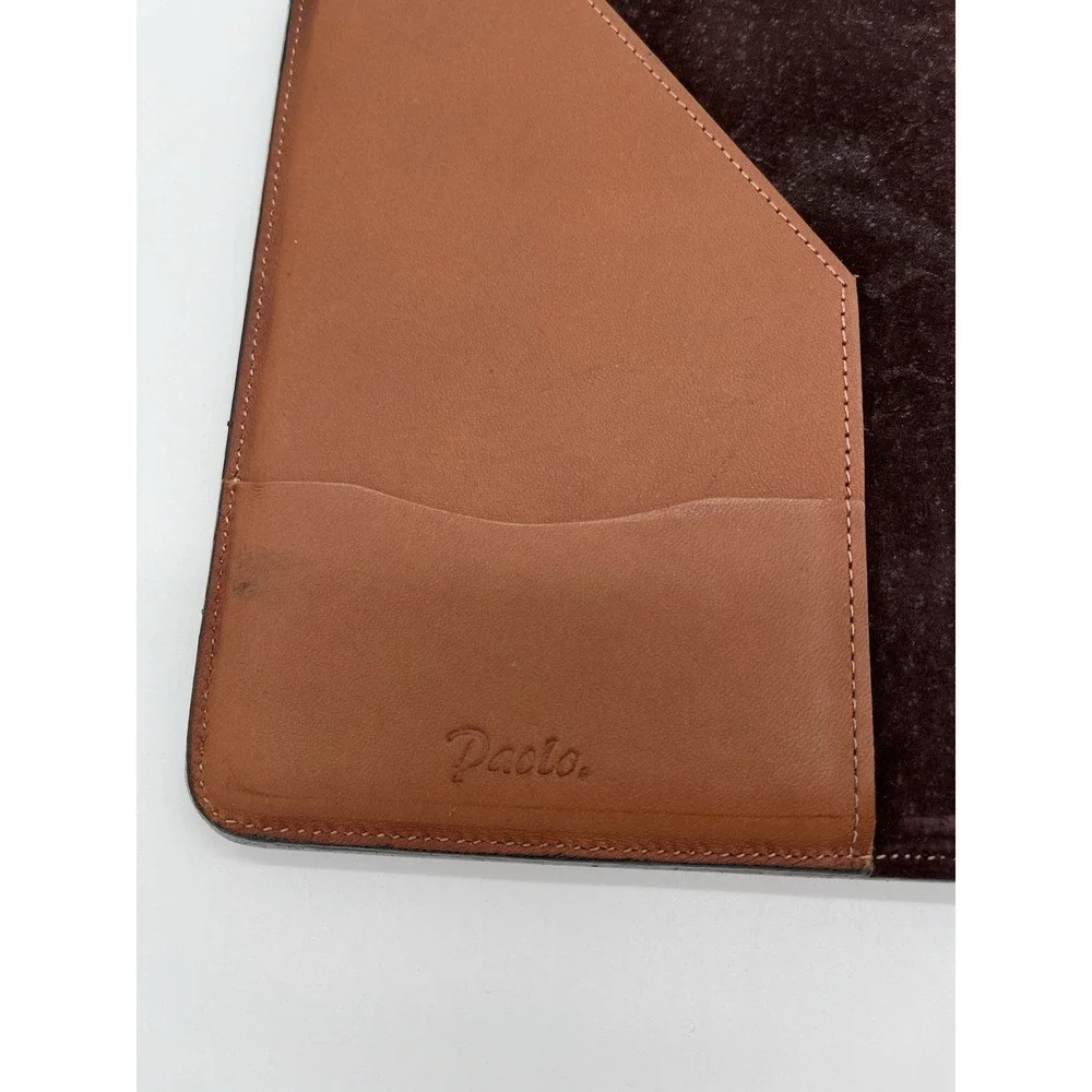 Paolo TAN BROWN REAL LEATHER ATTACHE PAPER HOLDER Used VTG 10x12.5